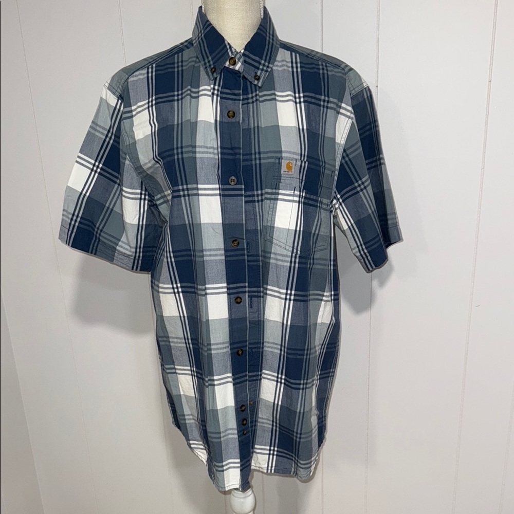 Carhartt Men's Navy and White Plaid Button Down Shirt